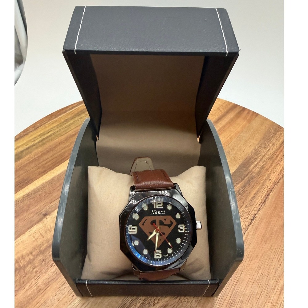 Nanxi Superman Themed Watch 11300 Black Octagonal Case Leather Strap  0463